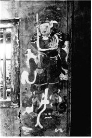 1916년 부석사 조사당의 벽체에서 분리되기 전에 찍은 벽화의 사천왕상 중 서방광목천왕의 모습이다.