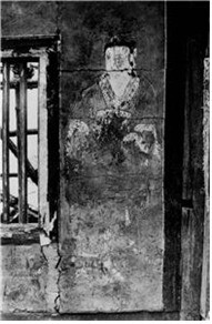 1916년 수리복원 이전에 찍은 조사당 벽화의 모습. 사천왕 가운데 북방다문천왕의 모습이다.