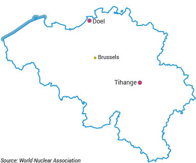 벨기에 북부에 위치한 원전 둘(도엘) 4호기와 수도 브뤼셀 남쪽에 위치한 티앙주 3호기. 세계 원자력 협회(world nuclear association) 누리집 갈무리