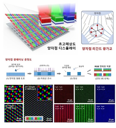 (위) 리간드 가교 반응에 기초한 초고해상도 양자점 디스플레이 모식도. (가운데) 양자점 광패터닝 공정도. (아래) 광패터닝공정을 통해 제작한 적색, 녹색, 양자점 패턴. 서강대 제공