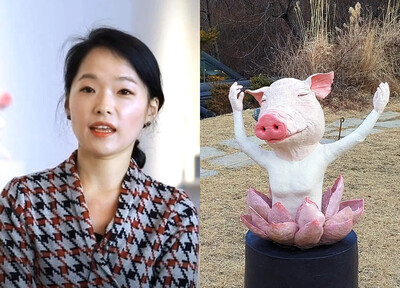 전등사 경내 무설전의 서운갤러리 안팎에서 전시중인 도예가 정은혜(왼쪽) 작가와 ‘피어오르다 2’(오른쪽). 사진 서운갤러리 제공