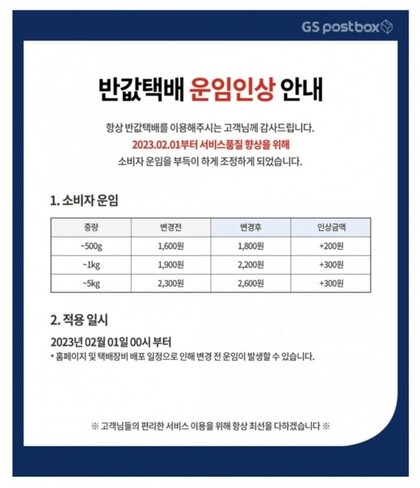 지에스25 반값 택배 운임 인상 공지. 지에스리테일 제공