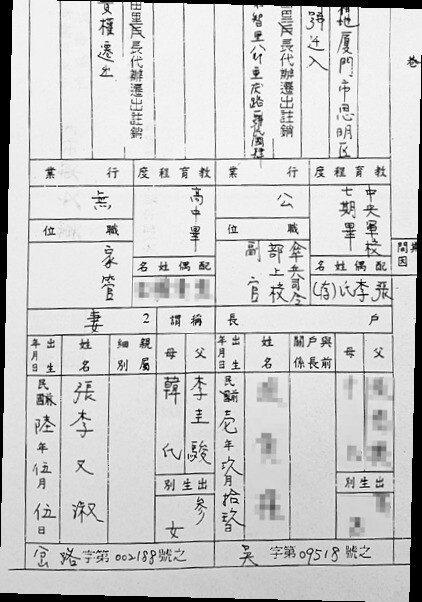 대만 핑둥시 호정(戶政)사무소가 발급한 이우숙의 호적등본에 ‘부 이규준, 모 한씨’라는 이름이 또박또박 쓰여 있다. 이우숙이 이규준의 3녀(셋째 딸)라는 사실도 확인된다. 김용애씨 제공