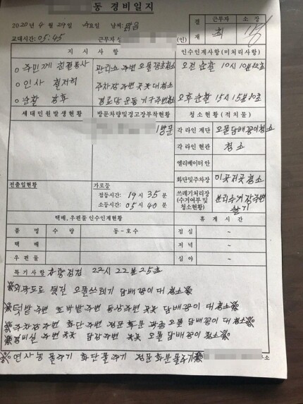 주민의 괴롭힘을 호소하며 세상을 등진 아파트 경비원 최희석씨가 쓴 근무일지. &lt;한겨레&gt; 자료