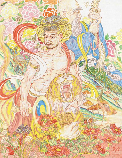 최민화 작 &lt;달달박박&gt;. &lt;삼국유사&gt;에서 부처를 만나는 유명한 수행자 고사의 주인공을 담은 그림이다. 불화, 민화, 르네상스 회화의 도상들이 배경과 인물 표현에 뒤얽혀 나타난다.
