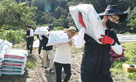 &lt;경남신문&gt; 심부름센터 취재팀 기자인 ‘마기꾼들’(마을기록꾼들)이 경남 의령군 궁류면 입사마을을 찾아가 양파 파종 후 덮을 상토를 나르는 등 주민들의 농사일을 돕고 있다. 경남신문 제공