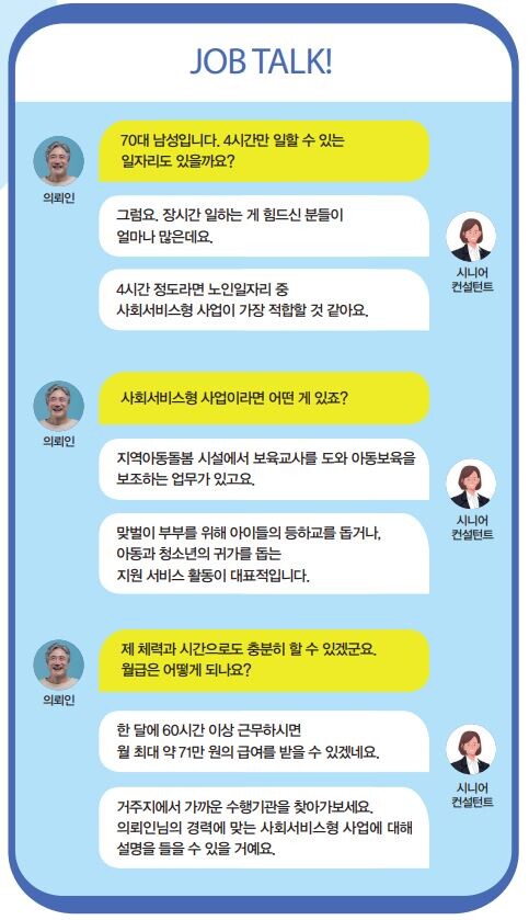 시니어 컨설턴트는 의뢰인 저마다의 특성과 조건에 꼭 맞춘 일을 추천해준다. 의뢰인과 시니어 컨설턴트의 취업 상담 메시지를 잠깐 들여다봤다.