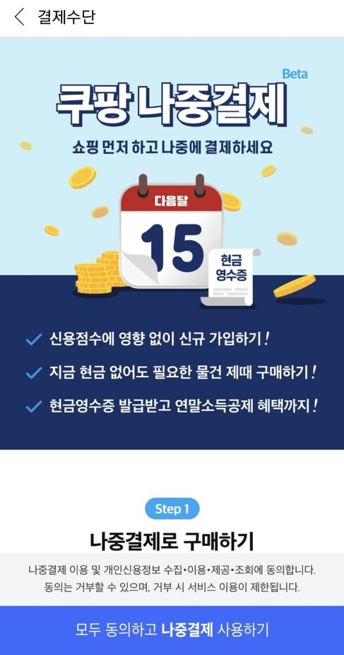 쿠팡 ‘나중결제’ 광고. 앱 갈무리