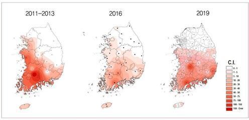 연도별 활순털진드기 분포 변화. 사진 질병관리청 제공