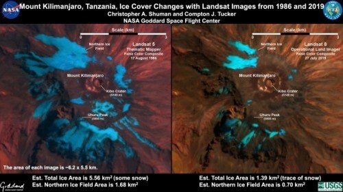 나사가 촬영한 탄자니아 킬리만자로산 정상의 빙하. 1975년(왼쪽)에 비해 2019년 면적이 크게 감소했다. 나사 고다드우주센터 제공