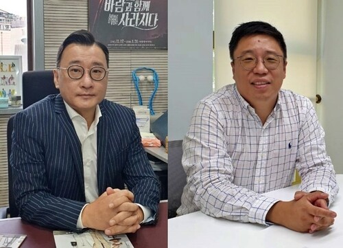 박영석 하이앤코 대표 프로듀서(왼쪽)와 김항석 한국탄소거래표준원(KCCTS) 대표(오른쪽)이 각각 &lt;한겨레&gt;를 만나 탄소중립 공연과 관련한 이야기를 나눴다. 김효실 기자