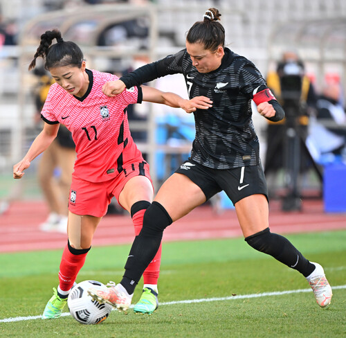 한국 여자축구대표팀의 공격수 최유리가 27일 경기도 고양종합운동장에서 열린 뉴질랜드와의 친선경기에서 볼을 다투고 있다. 고양/연합뉴스