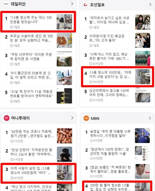 일부 언론사의 많이 본 기사 순위에 오른 ‘1.5룸’ 기사. 민언련 보고서 제공