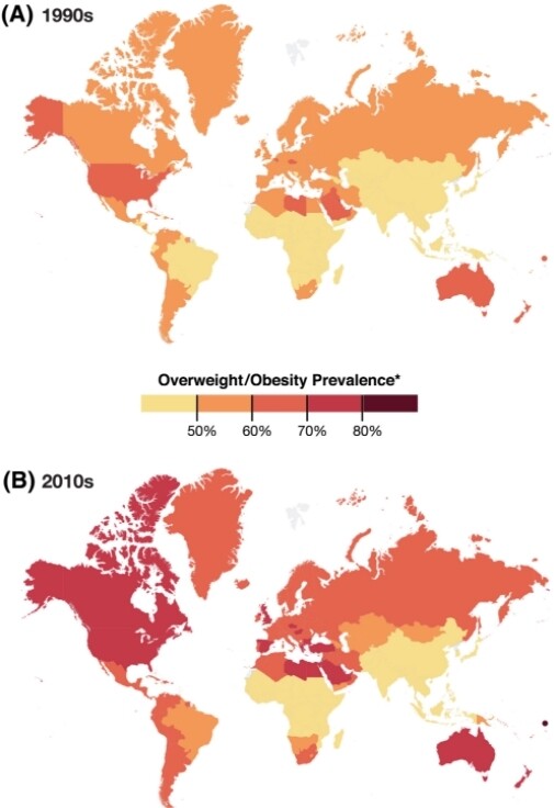 1990년대와 2010년의 비만인구 비율 변화. 오비시티 리뷰 제공