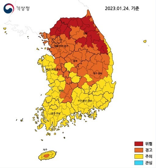 한파 위험수준 분포도. 기상청 갈무리