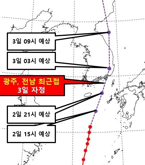 태풍 마이삭 예상 진로. 광주지방기상청