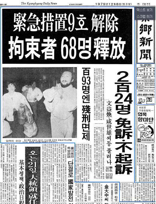 1979년 12월8일 ‘긴급조치 9호’ 해제와 구속자 석방 소식을 전하고 있는 경향신문. 네이버 뉴스 라이브러리