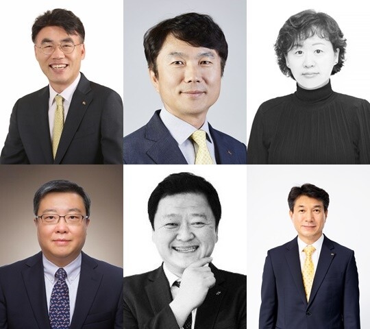 윗줄 왼쪽부터 이홍구 케이비 증권 대표이사 후보, 구본욱 케이비손해보험 대표이사 후보, 서혜자 케이비저축은행 대표이사 후보. 아랫줄 왼쪽부터 김영성 케이비자산운용 대표이사 후보, 빈중일 케이비캐피탈 대표이사 후보, 성채현 케이비부동산신탁 대표이사 후보. 케이비금융지주 제공.