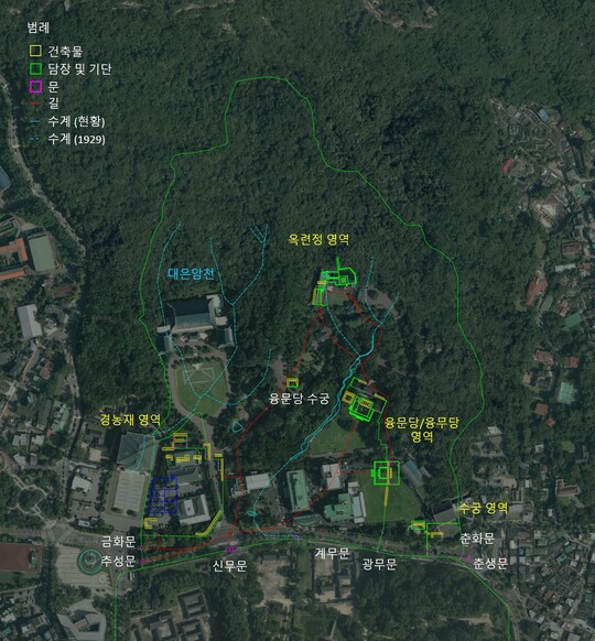 위에서 내려다본 현재 청와대 권역(경복궁 후원)의 전경에 옛 후원 시절 주요 건물터 위치를 표기한 설명 사진. 문화재청 제공