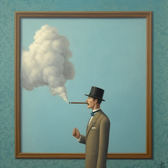 인공지능 이미지 제작 소프트웨어 미드저니가 ‘르네 마그리트에 영감을 받아 담배란 주제로 그림을 그려달라’는 요구로 만든 인공지능 이미지.