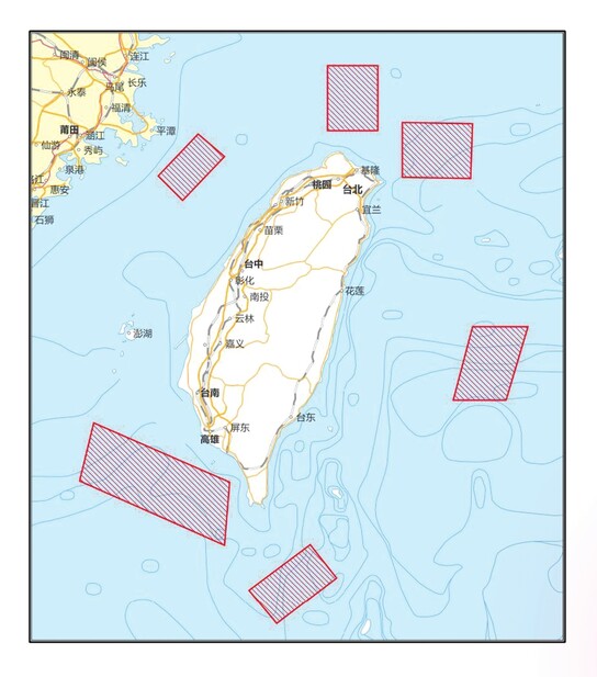 4~7일 예고된 중국 군의 대만 포위 군사훈련 예정지가 붉은 색으로 표시돼 있다. 신화통신 누리집 갈무리