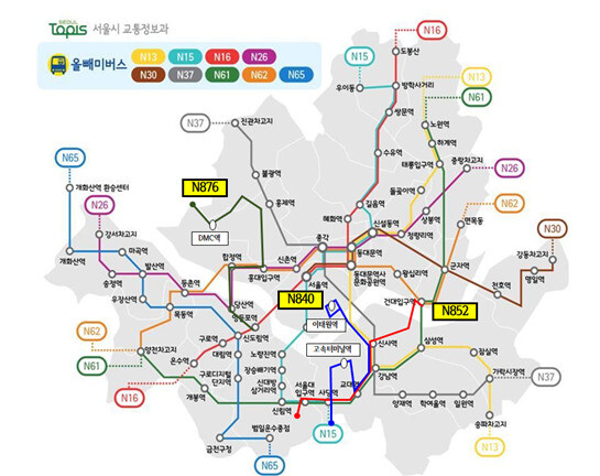 이달 1일부터 한 달간 △남태령역∼사당역∼강남역∼이태원(N840) △신림동∼사당역∼강남역∼건국대(N852) △은평공영차고지∼홍대입구역∼영등포역(N876) 등 올빼미버스 3개 노선이 한시적으로 신설된다. 서울시 제공