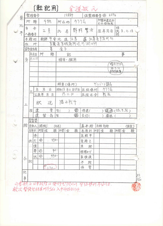 이금주 전 태평양전쟁희생자 광주유족회장의 남편 고 김도민씨의 신상 기록. 이 전 회장이 일본 정부를 통해 입수한 이 자료엔 남편의 사망일시와 장소, 전투현황 등이 기록돼 있다.