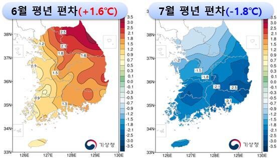 뜨거운 6월과 쌀쌀한 7월 평년편차 분포도. 기상청 제공 ※ 이미지를 누르면 크게 볼 수 있습니다.