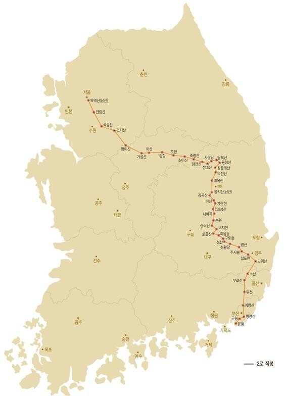 부산 바닷가 응봉에서 서울 목멱산(남산)까지 이어진 ‘제2로 직봉’ 노선도. 문화재청 제공