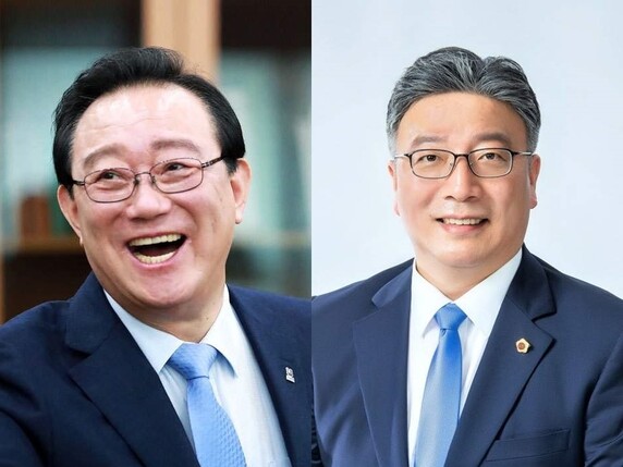 왼쪽부터 민주당의 송철호 울산시장, 장윤호 울산시의원