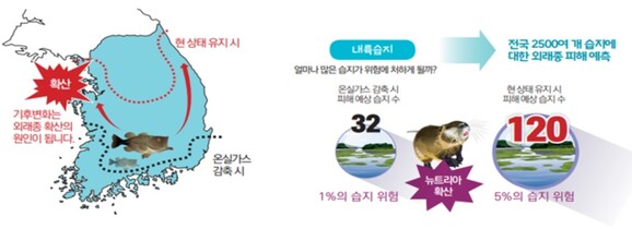 국립생태원은 21세기 말까지 온실가스 배출을 방치하면 120개 습지가 외래종에 의해 피해를 입을 수 있는 것으로 예측했다. 국립생태원 제공