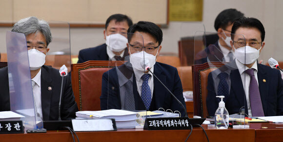 김진욱 고위공직자범죄수사처장이 21일 서울 여의도 국회에서 열린 법제사법위원회 종합감사에 출석, 의원들의 자료 제출 요구를 듣고 있다. 연합뉴스