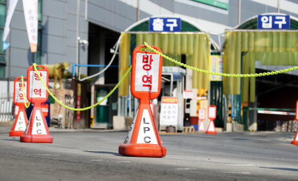 직장내 집단감염이 발생한 경기도 안성시의 한 축산물공판장 출입이 8일 오후 통제되고 있다. 연합뉴스