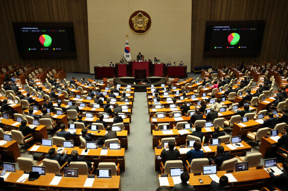 30일 오후 국회에서 열린 본회의에서 불법 정치자금 수수 등 혐의로 구속영장이 청구된 하영제 국민의힘 의원에 대한 체표동의안이 가결되고 있다. 연합뉴스