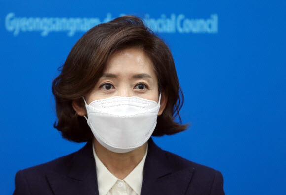 국민의힘 나경원 당 대표 후보가 지난 26일 오후 경남 창원시 경상남도의회 브리핑룸에서 열린 기자 간담회에서 발언하고 있다. 연합뉴스 국민의힘 나경원 당 대표 후보가 지난 26일 오후 경남 창원시 경상남도의회 브리핑룸에서 열린 기자 간담회에서 발언하고 있다. 연합뉴스