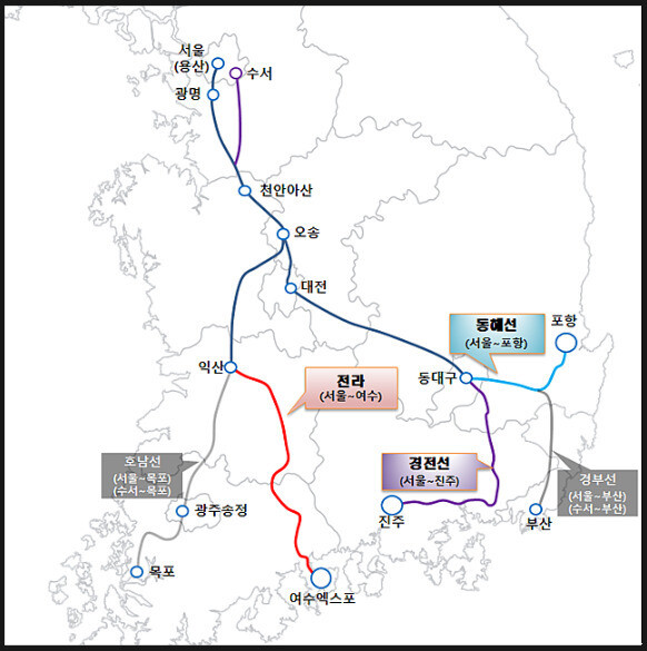 9월부터 수서행 에스알티(SRT)가 운행 예정인 전라선·경전선·동해선. 지금은 서울역행 케이티엑스(KTX)만 운행하고 있다. 전국철도노조 부산지방본부 제공