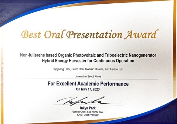 &nbsp; &nbsp; &nbsp; &nbsp; &nbsp; &nbsp; &nbsp; &nbsp; &nbsp; &nbsp; &nbsp; &nbsp; &nbsp; &nbsp; &nbsp; &nbsp; &nbsp; &nbsp; &nbsp; &nbsp; &nbsp; &nbsp; &nbsp; &nbsp; &nbsp; &nbsp; &nbsp;IEEE-NEMS 2023 Best Oral Presentation Award.서울시립대 제공