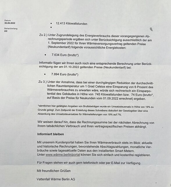 베를린 시민 레오니가 지난 9월 말 전력 회사한테서 받은 편지. 레오니는 연간 에너지를 1만2134㎾h를 소비하며 매년 요금을 총 1500유로 정도 내고 있었다. 하지만 편지에서 에너지 회사는 같은 양을 쓰는 신규 고객의 경우 7500유로가 넘는 돈을 내야 한다고 안내했다. 레오니 제공