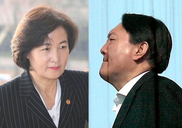 지난 10일 오전 추미애 법무부 장관(왼쪽)이 경기도 정부과천청사 내 법무부로 출근하고 있다. 이날 오후 윤석열 검찰총장이 서울 서초구 대검찰청에서 구내식당으로 향하고 있다. 연합뉴스