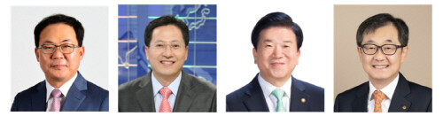 왼쪽부터 노석철 편집국장, 정운갑 논설실장, 박병석 전 국회의장, 유영인 사장. 성언회 제공