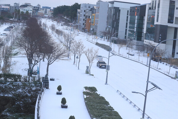 제주도에 대설특보가 내려진 18일 오전 제주시 청사로 일대에 눈이 쌓여 있다. 연합뉴스