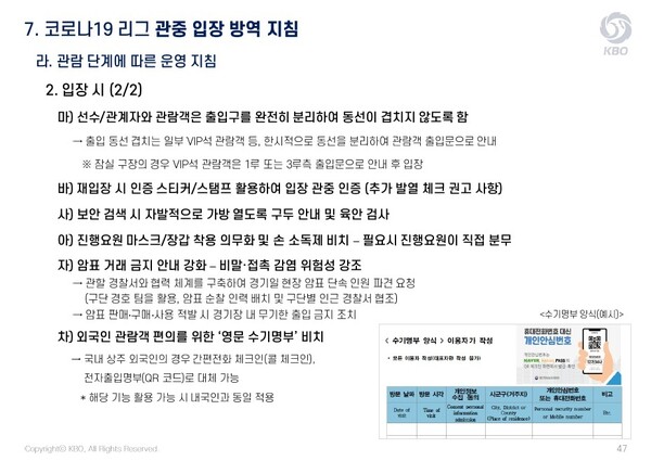 지난 7일 발행된 ‘2021 KBO리그 코로나19 대응 통합매뉴얼 개정판’ 갈무리. KBO 제공