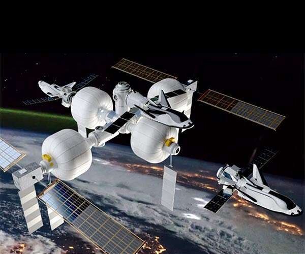 시에라 네바다 코퍼레이션(CNS)의 팽창식 모듈로 된 우주정거장 상상도. 오른쪽은 우주왕복선 드림체이서. CNS 제공