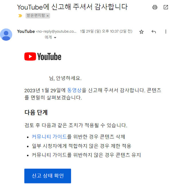 배우 박근형 관련 허위정보를 담은 유튜브 동영상을 신고한 뒤 유튜브로부터 받은 메일 일부. 김효실 기자