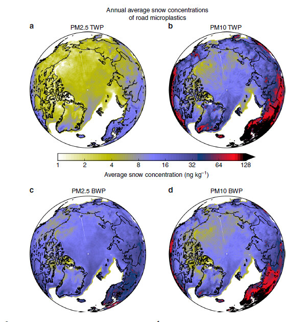 북극 눈 속의 타이어 마모 미세플라스틱(TWP) 농도는 PM2.5의 경우 눈 1㎏당 1∼10나노그램, PM10은 4∼80나노그램이다. 브레이크 패드 마모 미세플라스틱(BWP) 농도는 PM2.5가 2∼30나노그램, PM10이 2∼70나노그램이다. &lt;네이처 커뮤니케이션스&gt; 제공