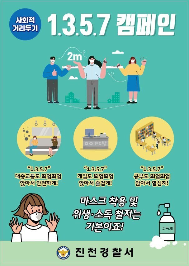 진천경찰서 등이 진행하는 사회적 거리두기 1 3 5 7 캠페인. 진천경찰서 제공