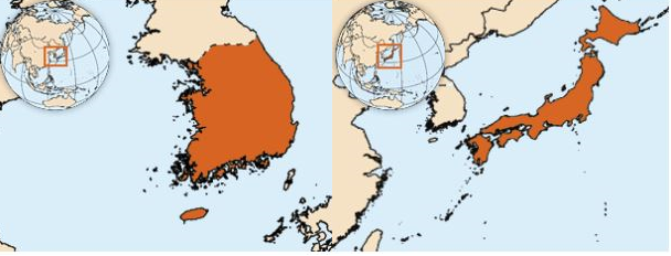 세계보건기구(WHO) 홈페이지에 게재된 한국(왼쪽)과 일본(오른쪽) 지도. 일본 지도엔 작은 섬까지 표현돼 있으나 한국 지도엔 울릉도, 독도가 빠져 있다.