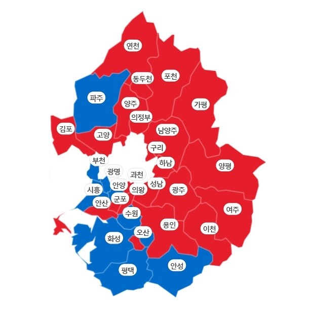 경기 기초단체장 판세. 빨간색이 국민의힘, 파란색이 더불어민주당 후보 당선지. 인터넷 포털 ‘다음’ 화면 갈무리