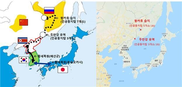 러시아-한반도 황새 생태축(왼쪽)과 인공둥지탑 설치 위치(오르쪽). 국립생태원 제공