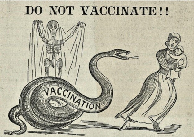 1894년의 백신 반대 운동 전단. 그림에서 백신은 강령술로 움직이는 뱀으로 묘사되어 있다. 비록 죽음과 뱀이 나뉘어 있으나, 흡혈귀와 백신이 연결되어 있음이 전단에서 잘 드러난다. 출처: 논문[7]